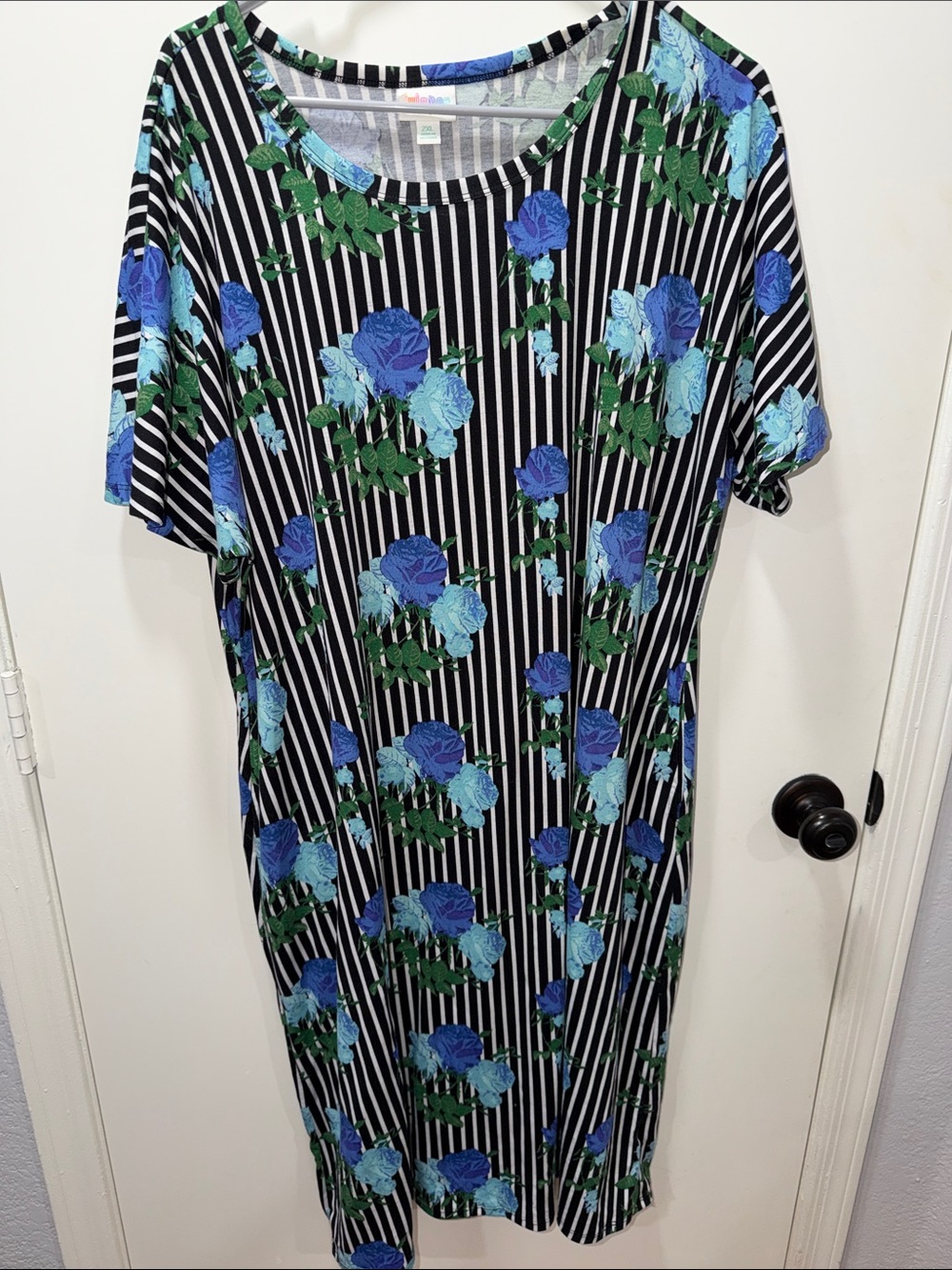 LuLaRoe Black & White Striped Midi Dress with Blue Floral Print
